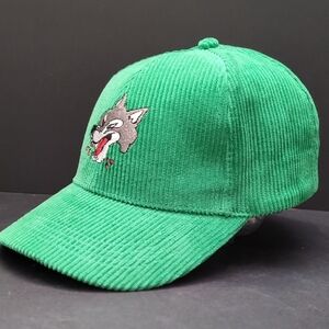 Sudbury Wolves Men's Green Corduroy Cap with Wolf Embroidery.